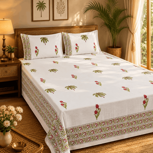 Thick Handloom Cotton Block Printed Bedcover Set - Pink Blossom