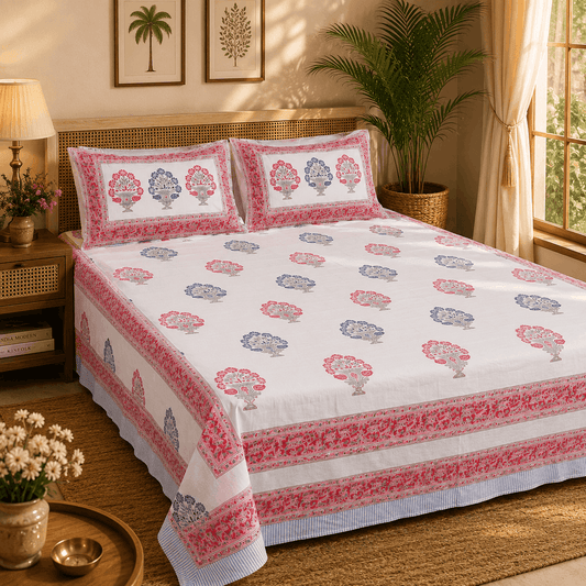 Thick Handloom Cotton Block Printed Bedcover Set - Green Vine