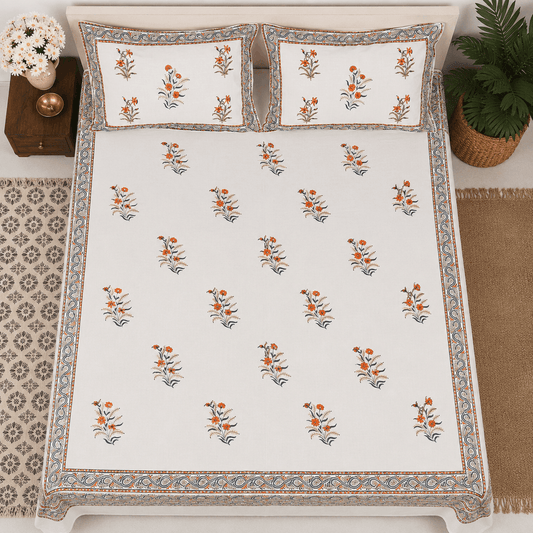 Thick Handloom Cotton Block Printed Bedcover Set - Aqua Floral