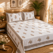 Thick Handloom Cotton Block Printed Bedcover Set - Aqua Floral