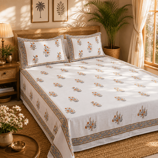 Thick Handloom Cotton Block Printed Bedcover Set - Aqua Floral