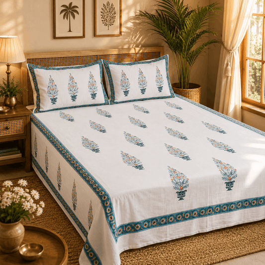 Thick Handloom Cotton Block Printed Bedcover Set - Traditional Paisley