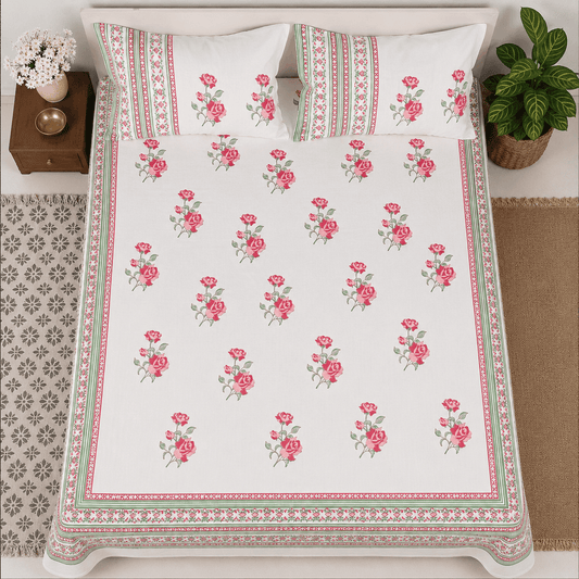 Thick Handloom Cotton Block Printed Bedcover Set - Mughal Floral