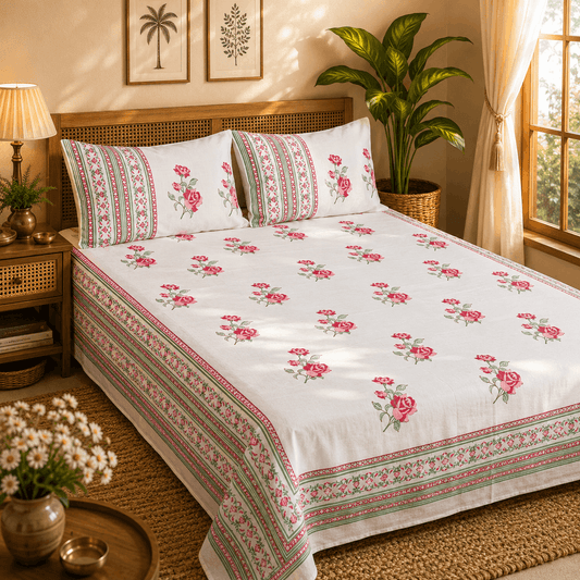Thick Handloom Cotton Block Printed Bedcover Set - Mughal Floral