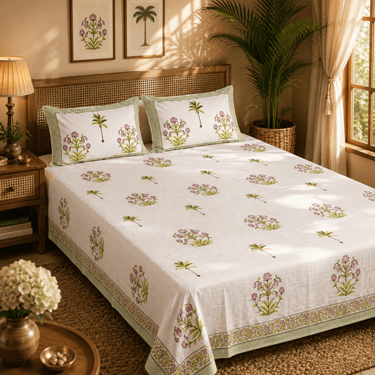 Thick Handloom Cotton Block Printed Bedcover Set - Ivory Garden