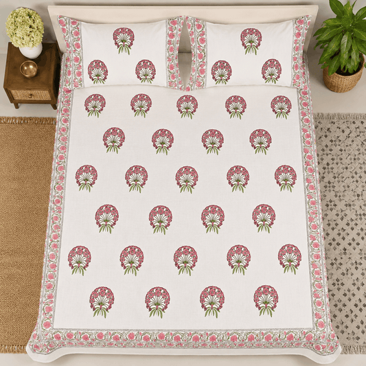 Thick Handloom Cotton Block Printed Bedcover Set - Vintage Bloom
