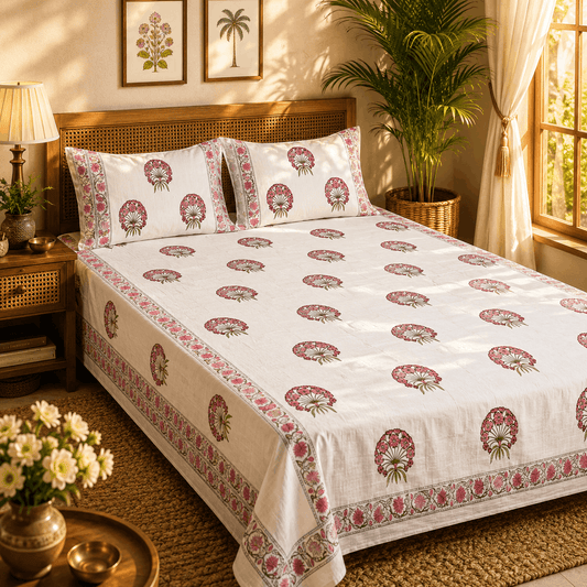Thick Handloom Cotton Block Printed Bedcover Set - Vintage Bloom