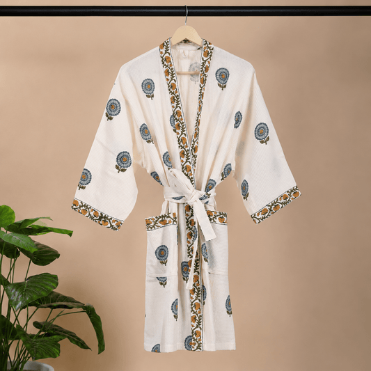 Handblock Printed Cotton Waffle Bathrobe - Blue Floral
