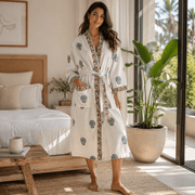 Handblock Printed Cotton Waffle Bathrobe - Blue Floral