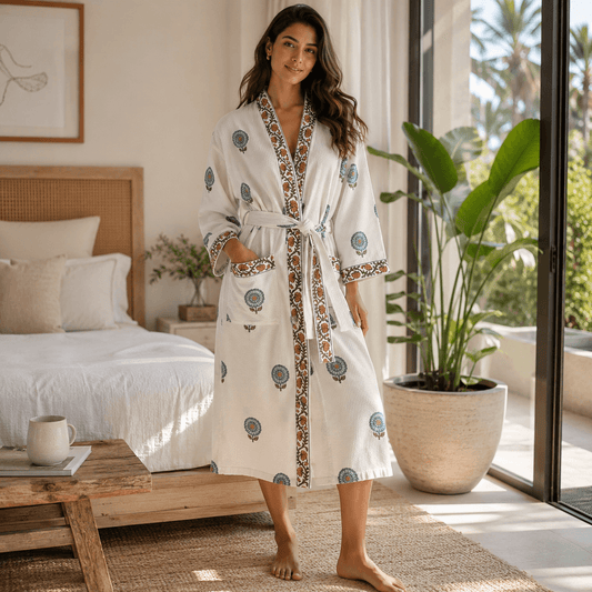 Handblock Printed Cotton Waffle Bathrobe - Blue Floral