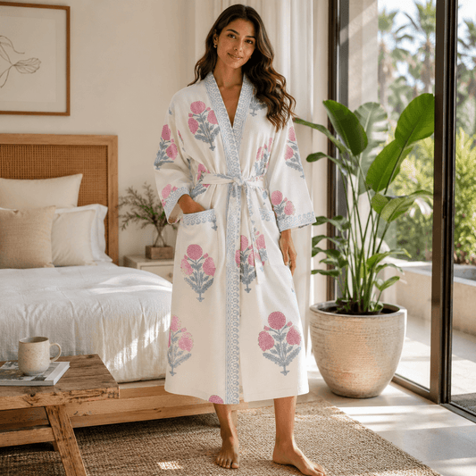 Handblock Printed Cotton Waffle Bathrobe - Pink Blossom