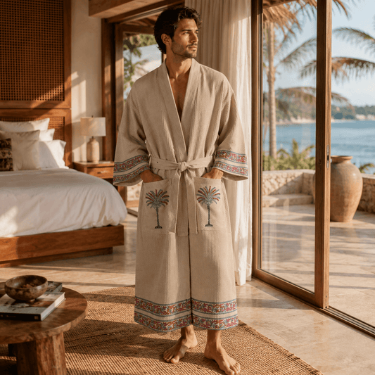 Handblock Printed Cotton Waffle Bathrobe - Palm Tree Print