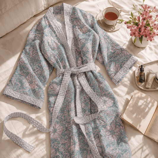 Handblock Printed Cotton Waffle Bathrobe - Pastel Floral