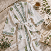 Handblock Printed Cotton Waffle Bathrobe - White Ethnic Print