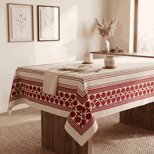 Premium Thick Textured Cotton Table Cover - White Royal Pattern