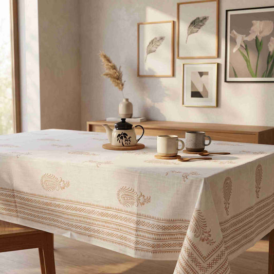 Premium Thick Textured Cotton Table Cover - White Decorative Print