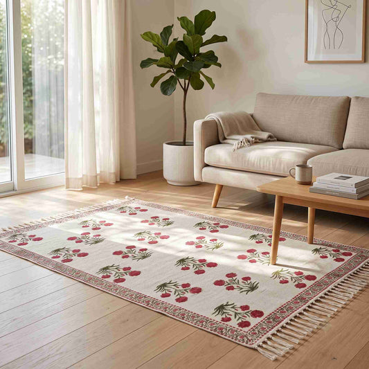 Hand Block Printed Dhurrie - Pink Blossom