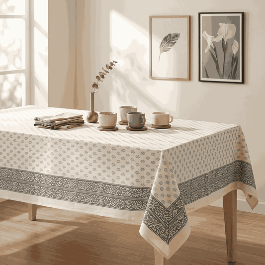 Premium Thick Textured Cotton Table Cover - White Elegant Print