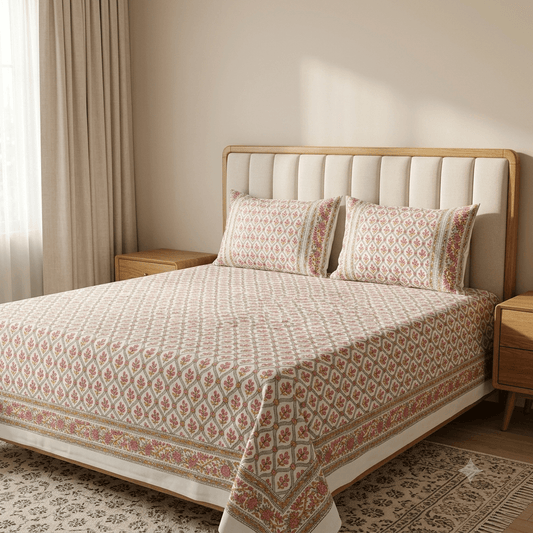 Premium Hand Block Printed Cotton Bedsheet Set - Red-Cream