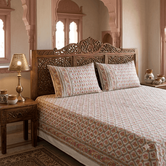 Premium Hand Block Printed Cotton Bedsheet Set - Red-Cream