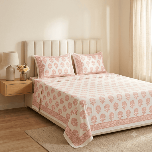 Premium Hand Block Printed Cotton Bedsheet Set - Cream Red