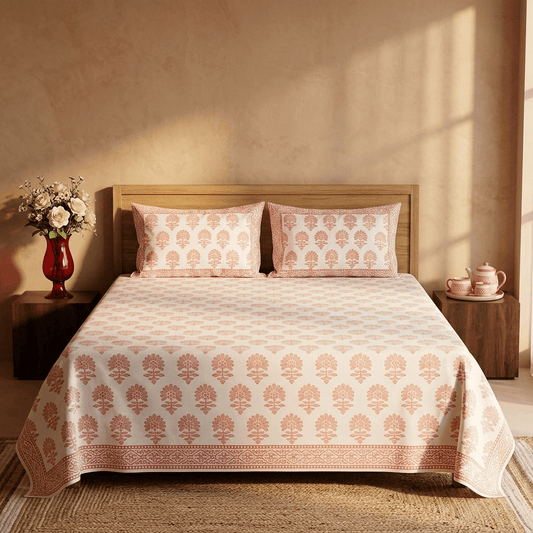 Premium Hand Block Printed Cotton Bedsheet Set - Cream Red