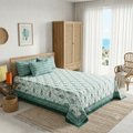 Premium Hand Block Printed Cotton Bedsheet Set - Green Floral