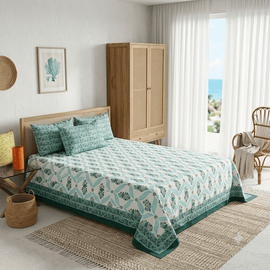 Premium Hand Block Printed Cotton Bedsheet Set - Green Floral