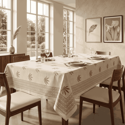 Premium Thick Textured Cotton Table Cover - White Vintage Print