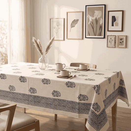 Premium Thick Textured Cotton Table Cover - White Classic Floral