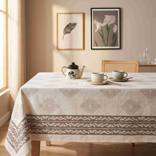 Premium Thick Textured Cotton Table Cover - White Garden Bloom