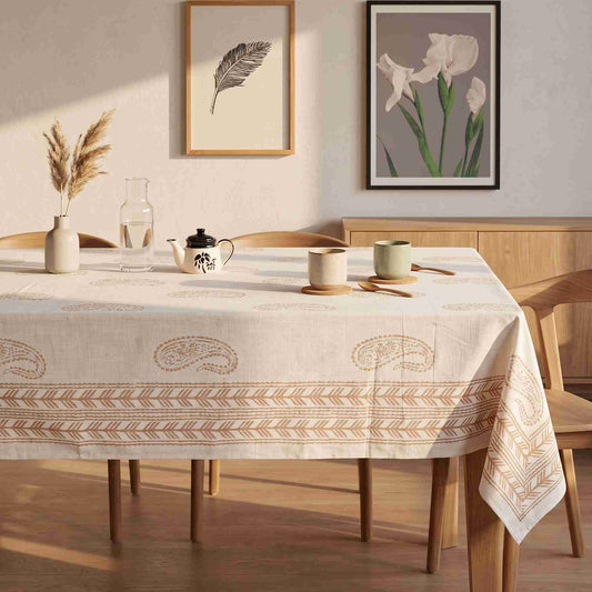 Premium Thick Textured Cotton Table Cover - White Hand Block Print