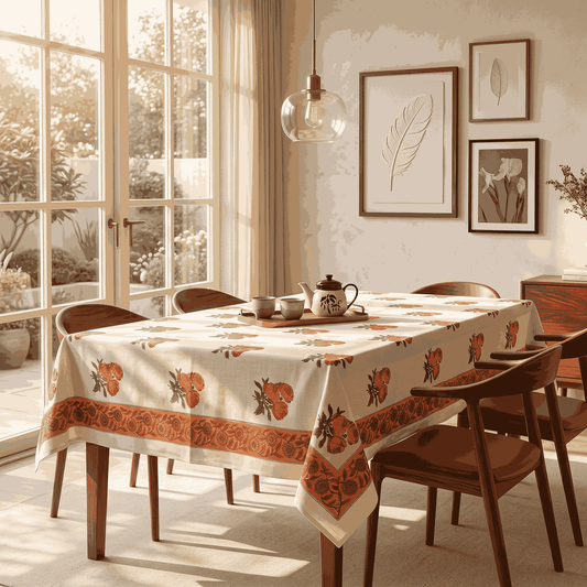 Premium Thick Textured Cotton Table Cover - White Mughal Print