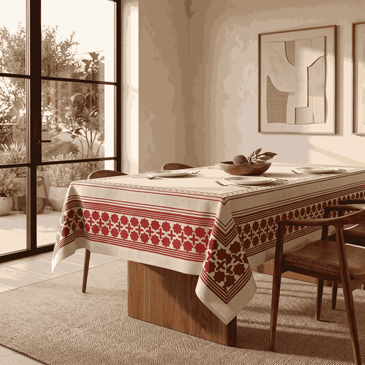 Premium Thick Textured Cotton Table Cover - White Royal Pattern