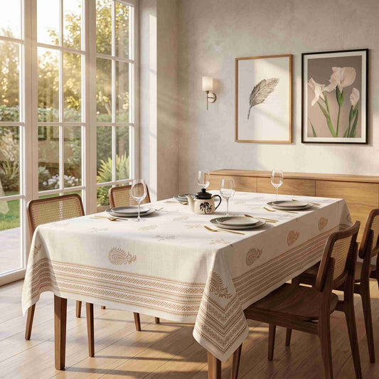 Premium Thick Textured Cotton Table Cover - White Decorative Print