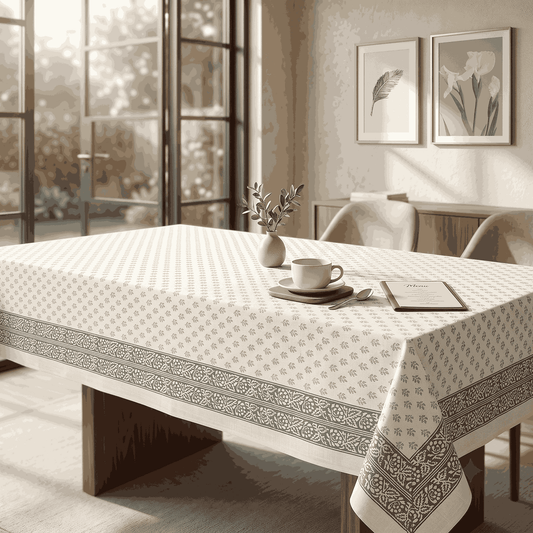 Premium Thick Textured Cotton Table Cover - White Elegant Print
