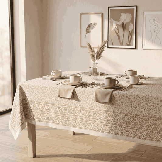 Premium Thick Textured Cotton Table Cover - White Leaf Print