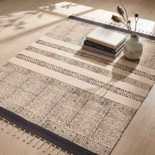 Hand Block Printed Dhurrie - Brown Vine