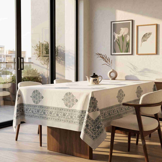 Premium Thick Textured Cotton Table Cover - White Artisan Print