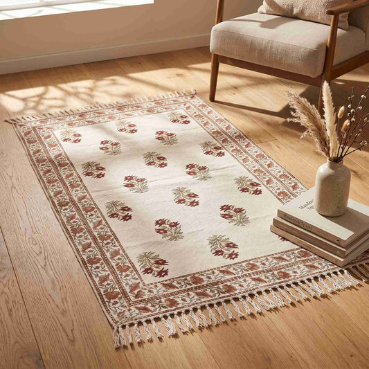 Hand Block Printed Dhurrie - Ivory Garden