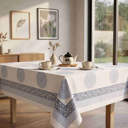 Premium Thick Textured Cotton Table Cover - White Ethnic Print