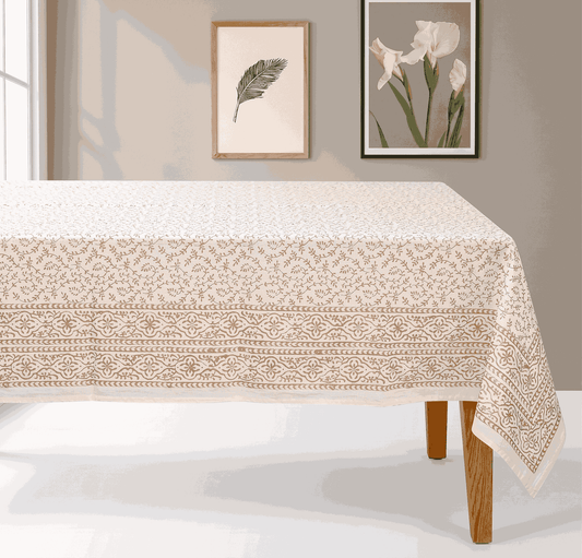 Premium Thick Textured Cotton Table Cover - White Leaf Print