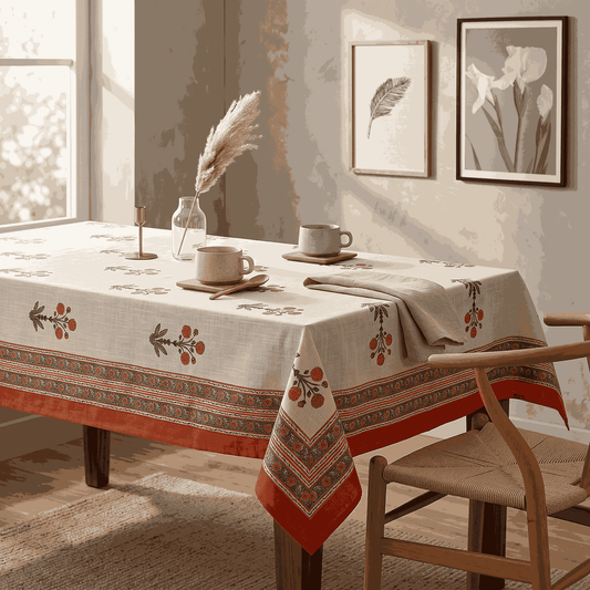 Premium Thick Textured Cotton Table Cover - White Geometric