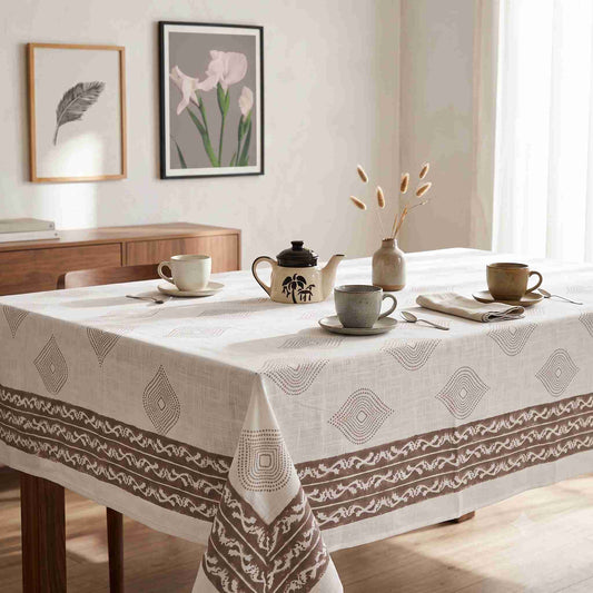 Premium Thick Textured Cotton Table Cover - White Garden Bloom