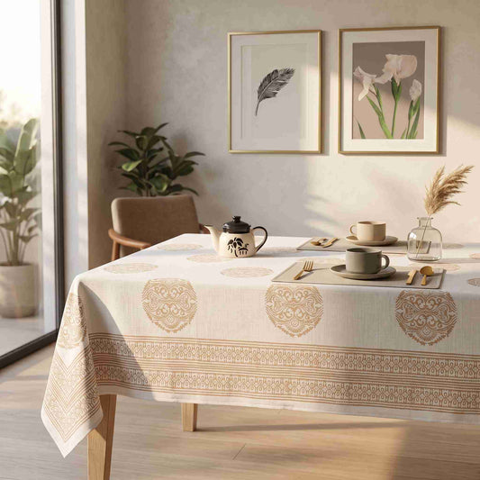 Premium Thick Textured Cotton Table Cover - White Floral Vine