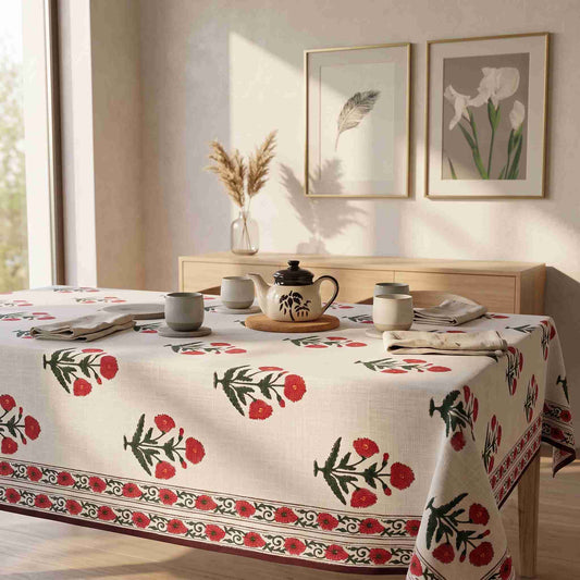 Premium Thick Textured Cotton Table Cover - White Elegant Bloom