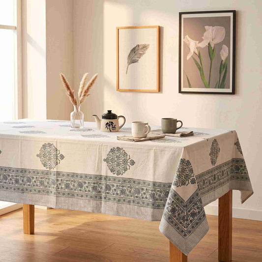 Premium Thick Textured Cotton Table Cover - White Artisan Print