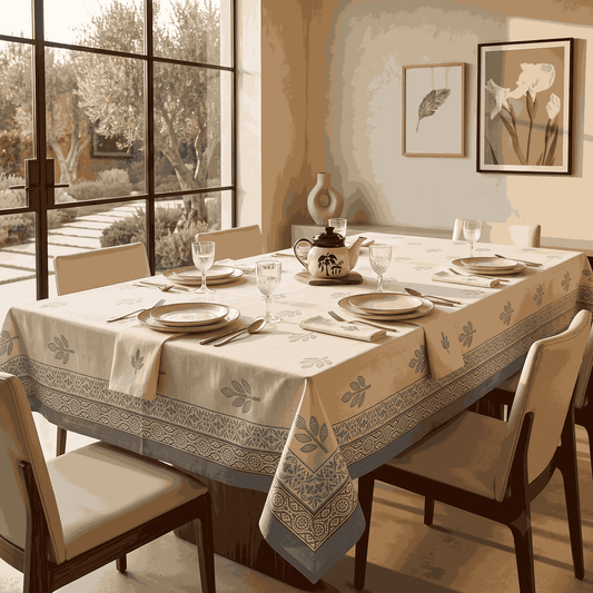 Premium Thick Textured Cotton Table Cover - White Vine