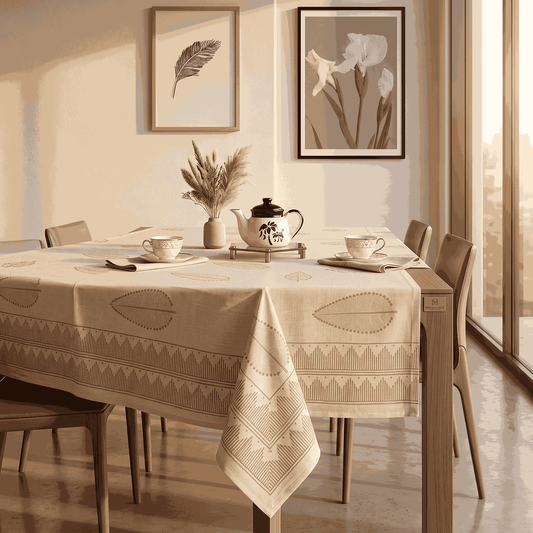 Premium Thick Textured Cotton Table Cover - White Garden