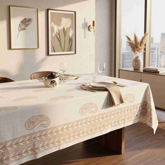 Premium Thick Textured Cotton Table Cover - White Hand Block Print